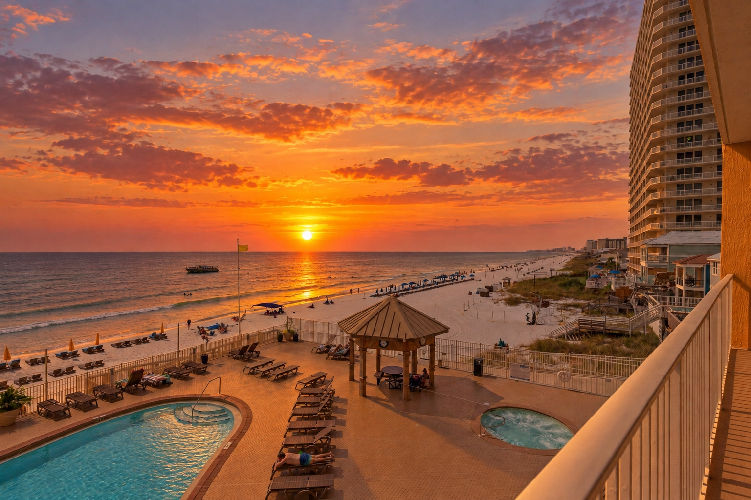 Sunset over the Gulf, beach and resort pools at Sunset Dream