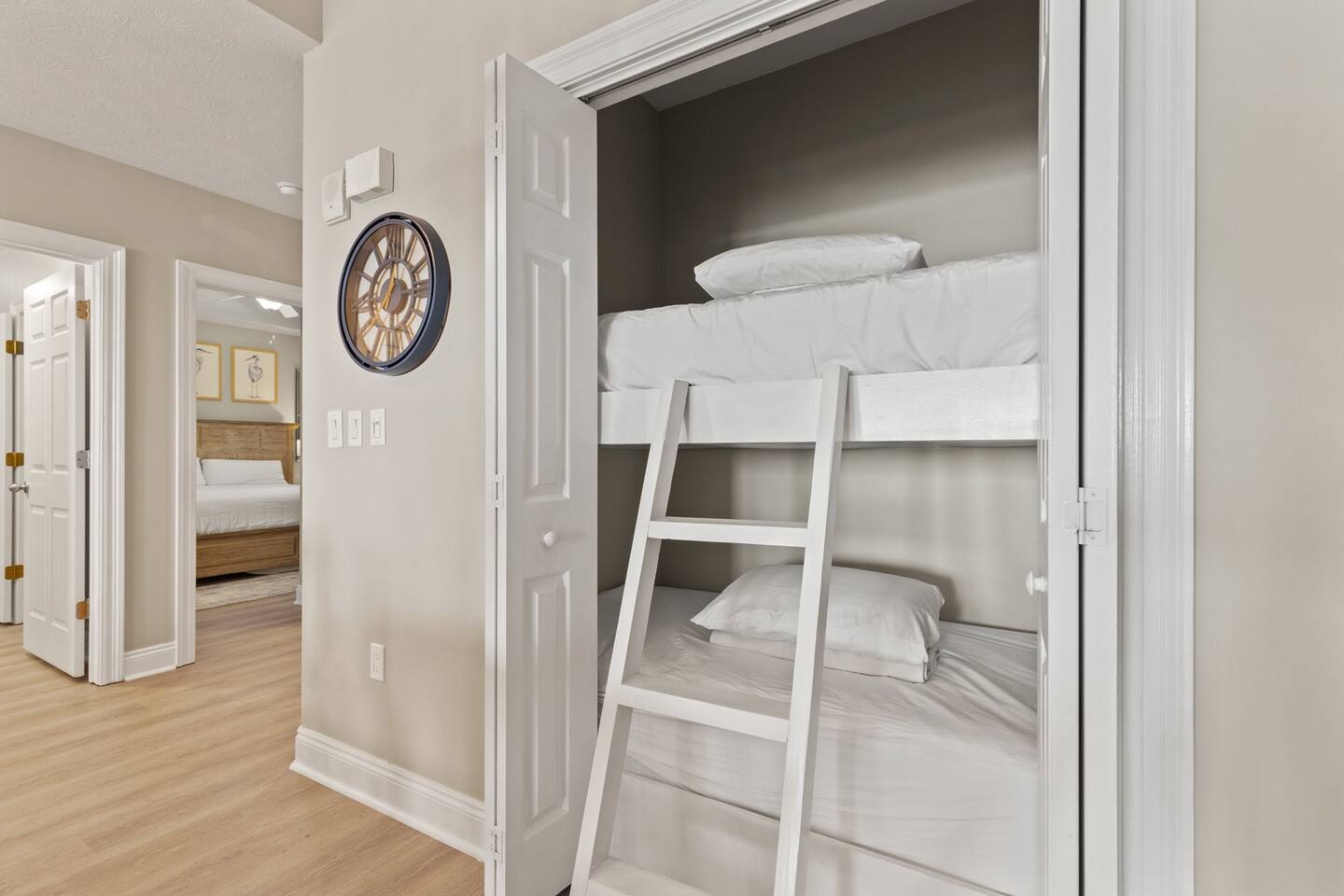 Built-in twin bunk beds beside the dining area